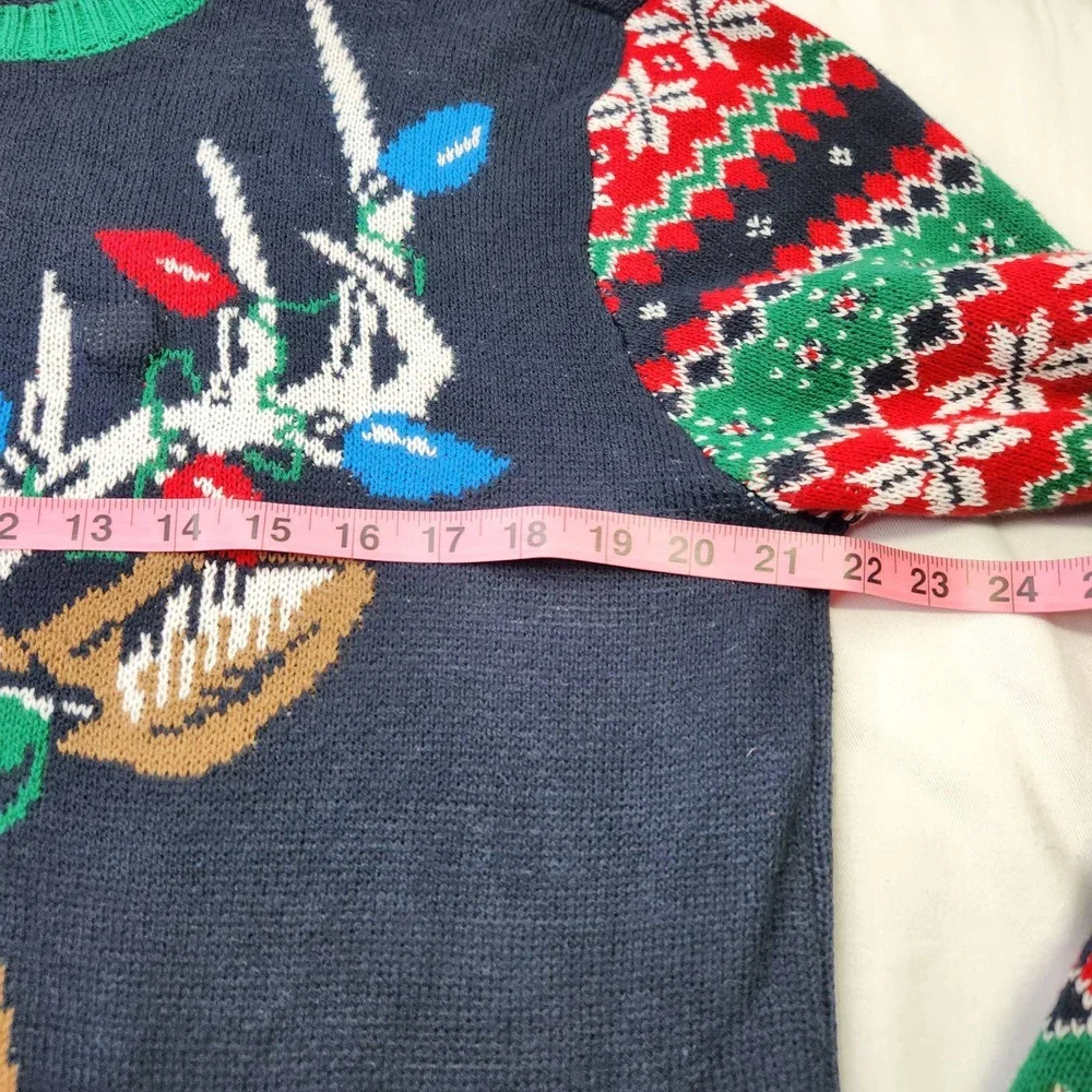 Ugly Christmas Sweater Reindeer Pullover Mens Large Navy Let It Glow Fair Isle